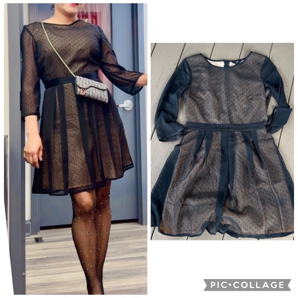 H&M Black and Tan Polka Dot Dress medium